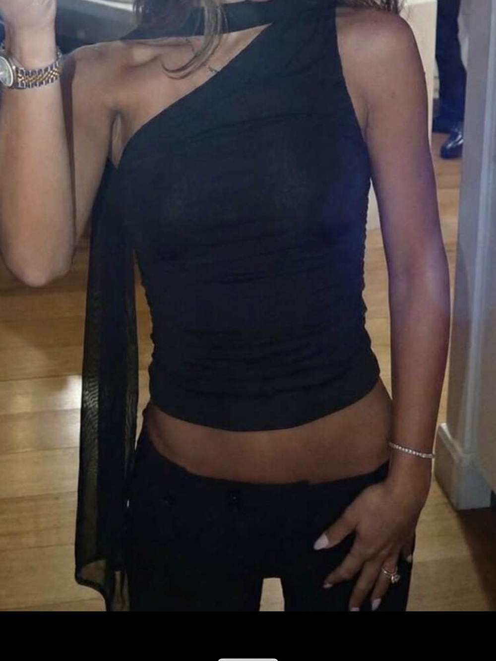 One-Shoulder Black Ruched Tank Top - Picture 2 of 5
